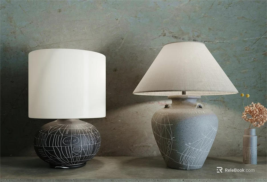 Table Lamps With Dark Light Gray Bases White Line Patterns White Beige Shades Against Gray Wall 3d model 