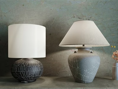 Table Lamps With Dark Light Gray Bases White Line Patterns White Beige Shades Against Gray Wall 3d model