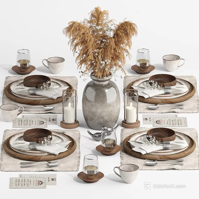 Rustic Dinnerware Set With Plates Bowls Mugs Placemats And Dried Grass Vase 3d model 