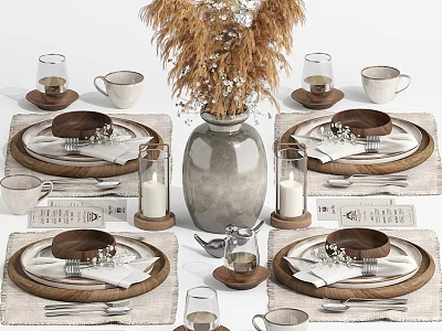Rustic Dinnerware Set With Plates Bowls Mugs Placemats And Dried Grass Vase 3d model