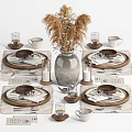 Rustic Dinnerware Set With Plates Bowls Mugs Placemats And Dried Grass Vase