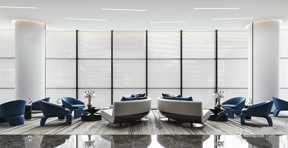 Modern Lounge Area With Comfortable Sofas Blue Chairs Large Windows Blinds And Side Tables 3d model 