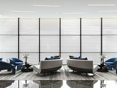 Modern Lounge Area With Comfortable Sofas Blue Chairs Large Windows Blinds And Side Tables 3d model