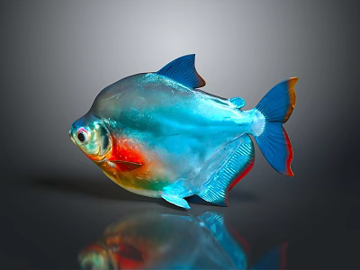 Colorful Tropical Fish with Shiny Iridescent Scales Blue Red Orange Fins on Gray Background Reflection 3d model