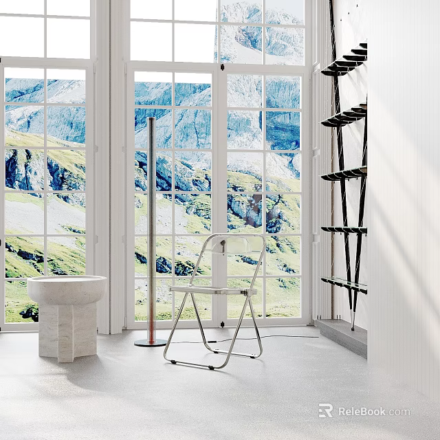 Inflatable Chair In Spacious Room With Large Windows Mountain View White Sink Black Ladder Shelf 3d model 