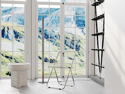 Inflatable Chair In Spacious Room With Large Windows Mountain View White Sink Black Ladder Shelf 3d model