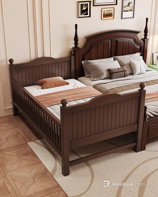 Dark Brown Wooden Children's Bed With Guardrails Headboard Pillows And Blanket 3d model 