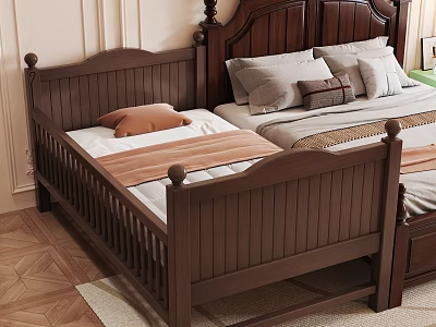 Dark Brown Wooden Children's Bed With Guardrails Headboard Pillows And Blanket 3d model