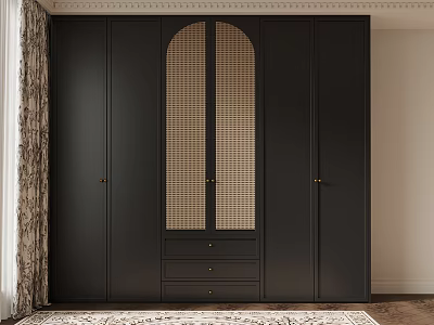 Modern Dark Wardrobe With Arched Louvered Door And Drawers In Interior 3d model