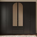 Modern Dark Wardrobe With Arched Louvered Door And Drawers In Interior
