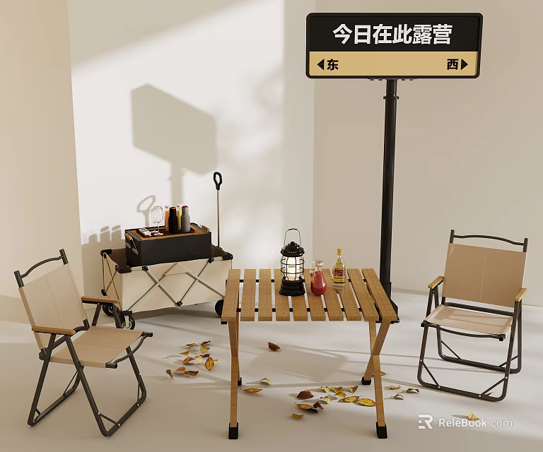Outdoor Leisure Chairs For Camping With Wooden Table Lantern And Autumn Fallen Leaves 3d model 