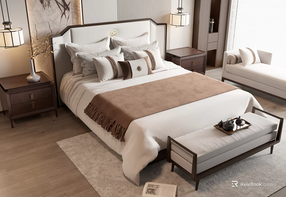 Modern Double Bed With Upholstered Headboard Multiple Pillows Brown Throw Blanket Bedside Tables And Footstool 3d model 