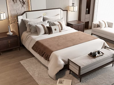 Modern Double Bed With Upholstered Headboard Multiple Pillows Brown Throw Blanket Bedside Tables And Footstool 3d model