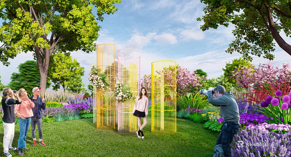 Outdoor Commercial Display Equipment Featuring Transparent Yellow Cylinders In Garden With Green Plants 3d model 