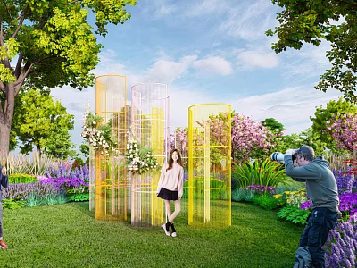 Outdoor Commercial Display Equipment Featuring Transparent Yellow Cylinders In Garden With Green Plants 3d model