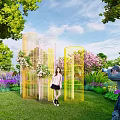 Outdoor Commercial Display Equipment Featuring Transparent Yellow Cylinders In Garden With Green Plants