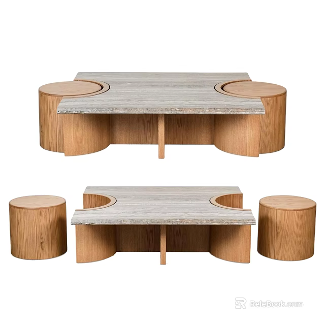 Modern Wooden Coffee Table Set With Marble Tabletop And Round Stools 3d model