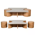 Modern Wooden Coffee Table Set With Marble Tabletop And Round Stools 3d model