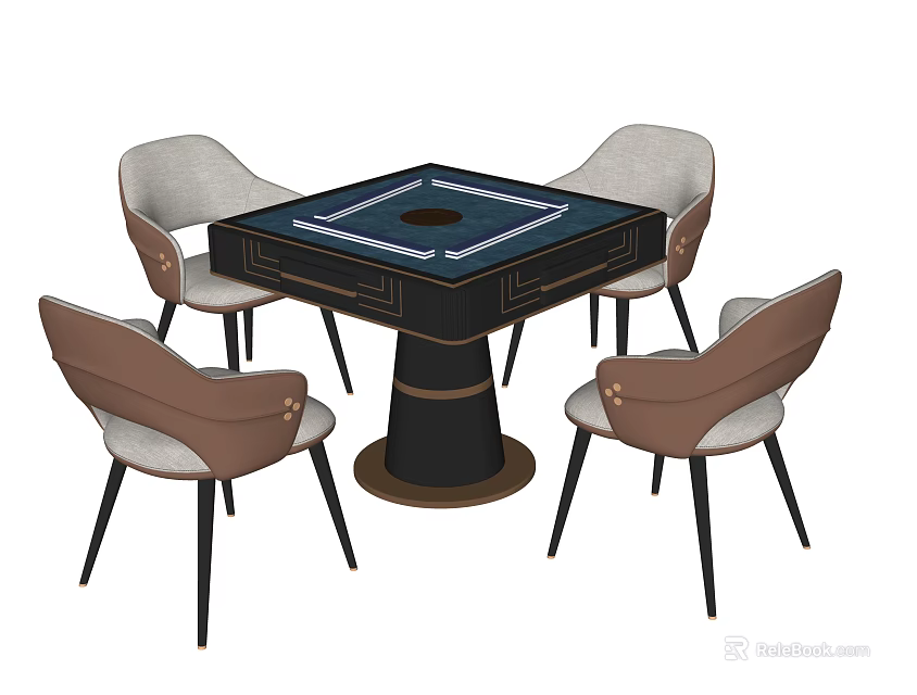 Square Entertainment Table with Central Circular Hole White Trimmed Edges and Four Light Gray Brown Upholstered Chairs 3d model 