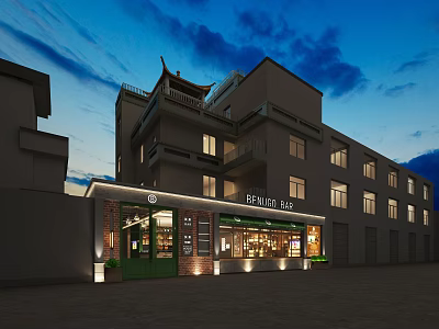 REMIJA ART Retail Store With Chinese Style Roof Night Lighting And Window 3d model