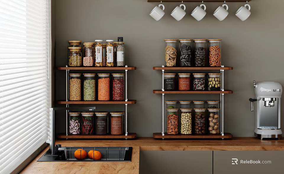 Organized Spice Jars With Various Spices On Wooden Metal Shelves In Modern Kitchen 3d model 