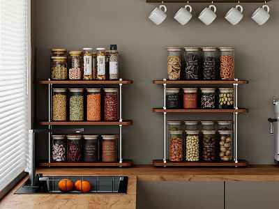 Organized Spice Jars With Various Spices On Wooden Metal Shelves In Modern Kitchen 3d model