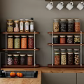 Organized Spice Jars With Various Spices On Wooden Metal Shelves In Modern Kitchen