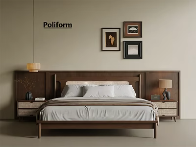 Poliform Double Bed With Wooden Headboard Beige Wall Decorative Paintings Nightstands And Table Lamp 3d model