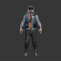 Game Movie Character Wearing Hooded Jacket With Colorful Gloves Patterned Pants And Sporty Sneakers
