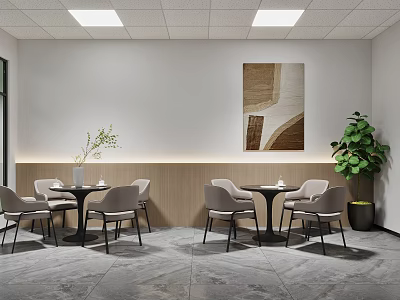Modern Office Lounge Area With Round Tables Chairs Wall Artwork Green Plant And Ceiling Lights 3d model