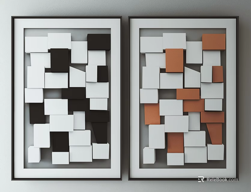 Two Decorative Paintings With Black White And Orange Blocks In Black Frames 3d model