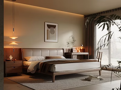 Modern Bedroom Interior With Leather Bed Nightstand Table Lamp Wall Art Blinds Plants And Rug 3d model