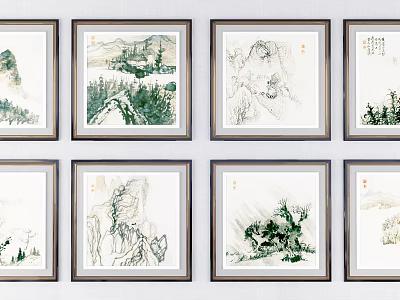 Traditional Chinese Landscape Paintings In Multiple Framed Wall Art Decorations 3d model