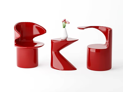 Red Modern Curved Single Chair with Unique Design and Side Table White Vase Pink Flowers 3d model