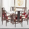 Traditional Round Dining Table Set With Six Chairs Red Cushions Vase And Tableware 3d model