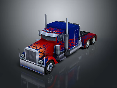 Blue And Red Semi Truck With Flame Design And Silver Accents 3d model