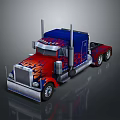Blue And Red Semi Truck With Flame Design And Silver Accents