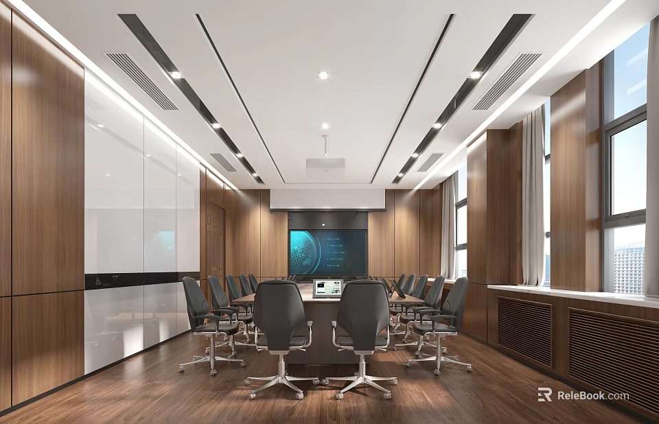 Modern Conference Room With Long Table Chairs Wooden Panel Walls And Large Screen 3d model 