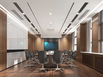 Modern Conference Room With Long Table Chairs Wooden Panel Walls And Large Screen 3d model