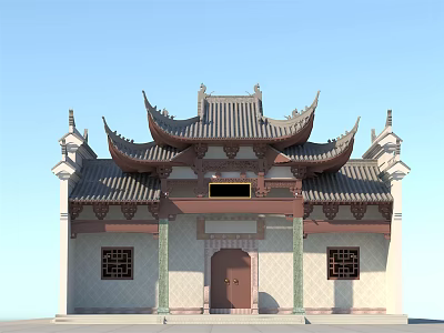 Traditional Chinese Ancient Architecture With Tiled Roof Overhanging Eaves And Wooden Door 3d model