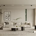 Modern Living Room Interior With Beige Sofa Coffee Tables Green Plants And Decorative Painting