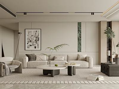 Modern Living Room Interior With Beige Sofa Coffee Tables Green Plants And Decorative Painting 3d model