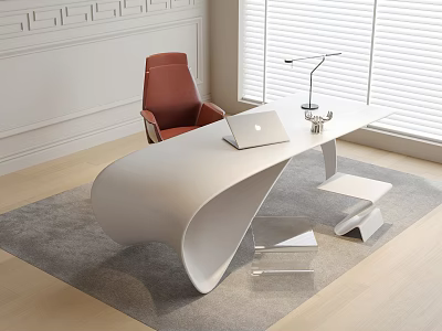 Modern White Office Desk with Laptop Desk Lamp near Red Chair and Window on Carpet 3d model