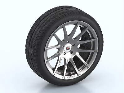 Car Tire With Silver Spoke Wheel Rim And Tread Pattern Product 3d model