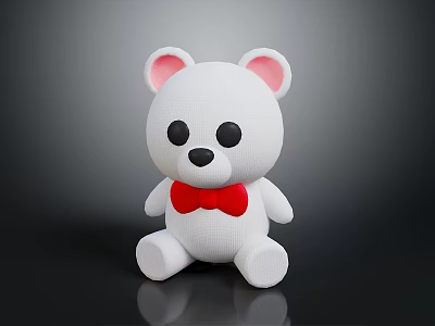 Cute White Teddy Bear Plush Toy With Pink Ears And Red Bow Tie 3d model