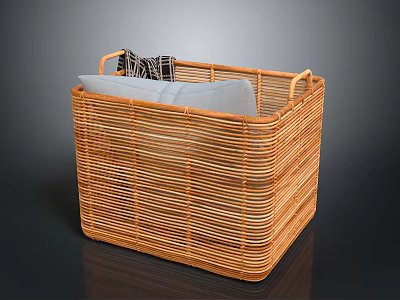 Zebra Patterned Blanket With White Pillow In Wicker Storage Basket 3d model