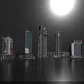 Modern City Skyline With Diverse Skyscrapers Along Waterfront And Calm Water Reflection