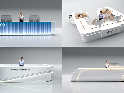 Modern Sleek Reception Desk Design With Curved Shape And Staff Working In Lobby Interior 3d model
