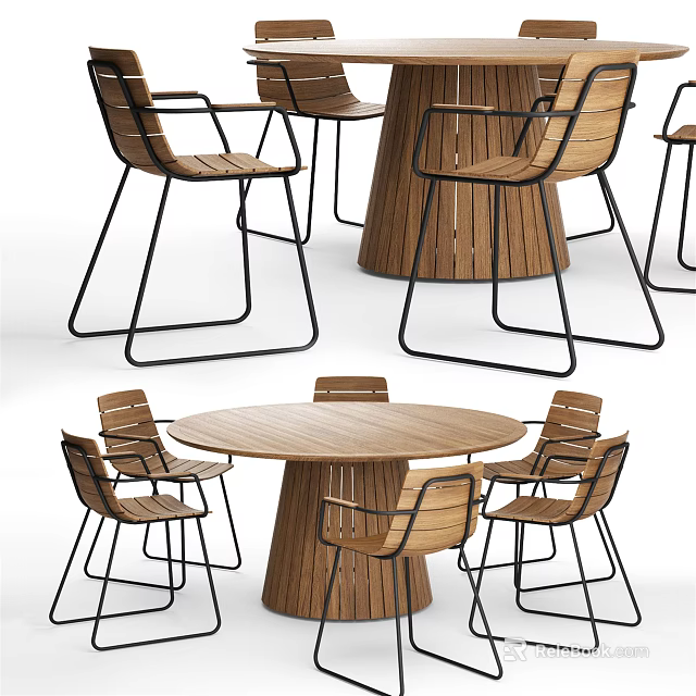 Elegant Modern Wooden Round Dining Table Set With Metal Frame Chairs 3d model