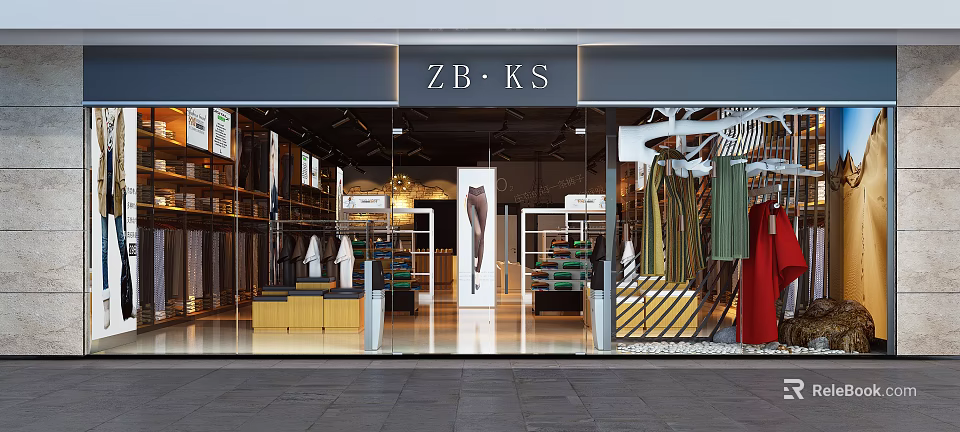 ZB KS Clothing Store Front With Glass Window Display And Fashion Apparel Racks 3d model 